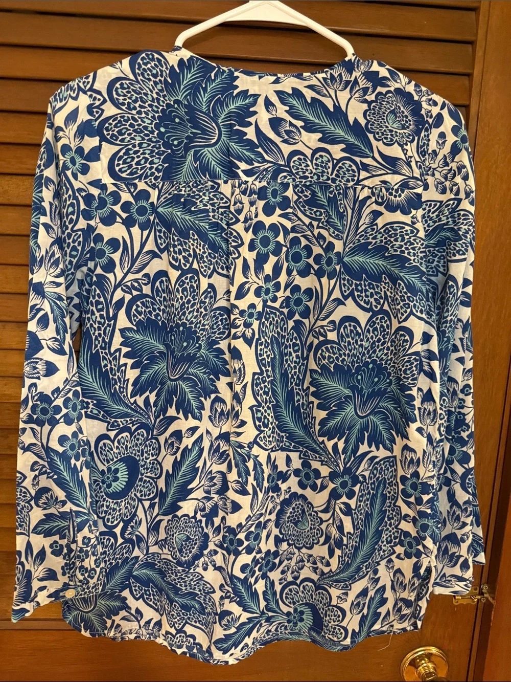 J. Crew Blue and White Floral Embroidered Yoke Tunic Blouse